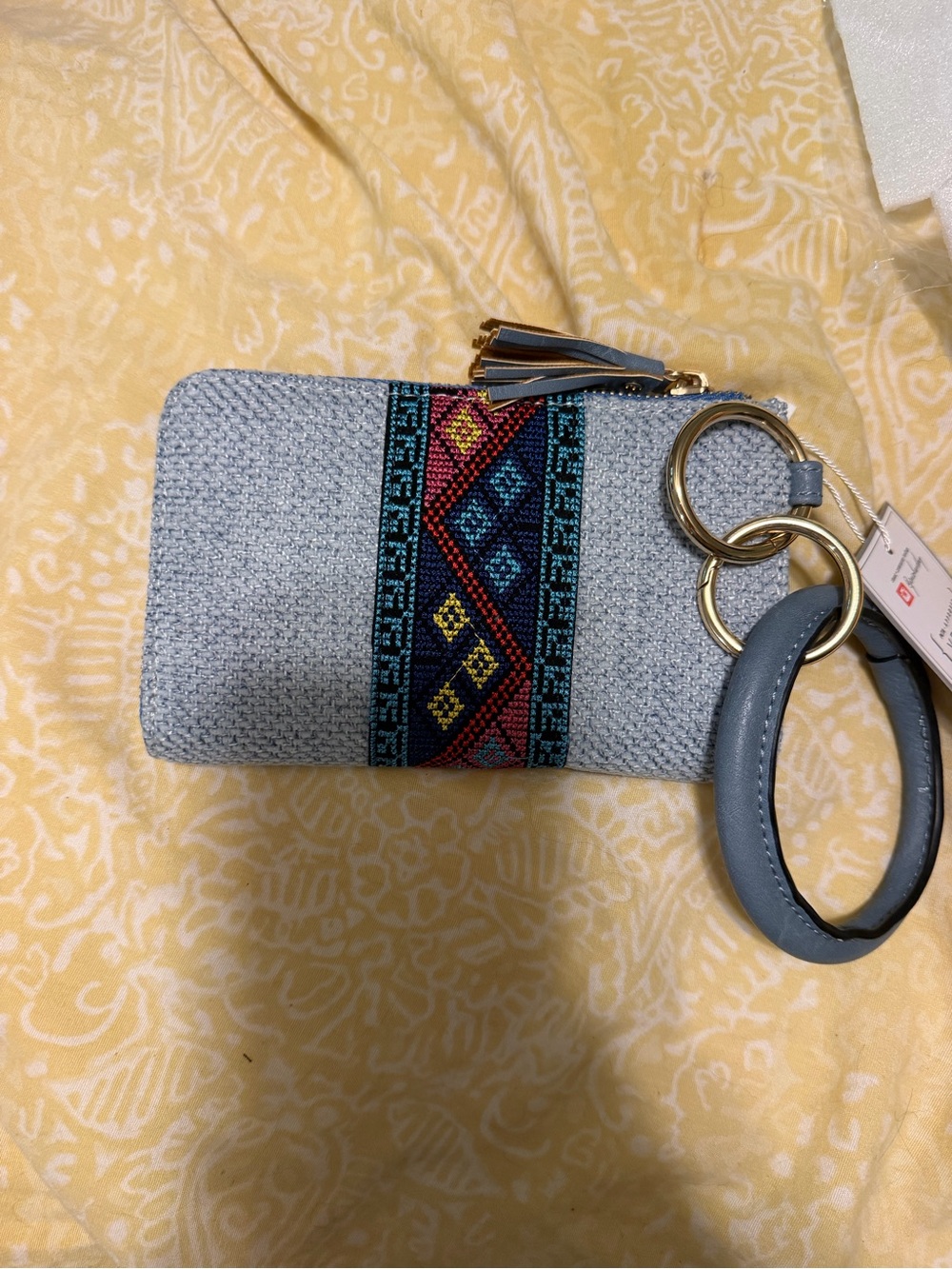 Light Blue Embroidered Stripe Wristlet Key & Card Holder